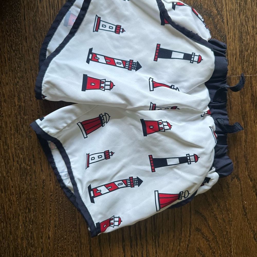 Monica and Andy 12-18M Lighthouse Print Swim Trunks - Red and Black